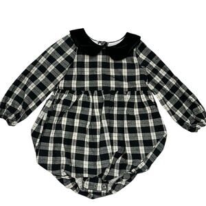 SweetHoney Black and White Plaid Long-Sleeve Bubble Romper